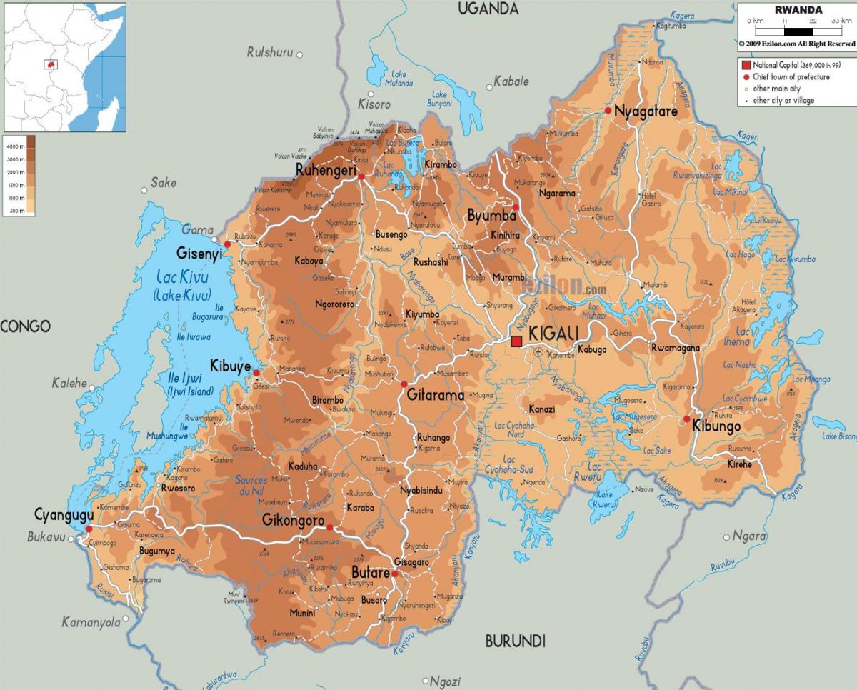 mapa físico, mapa de Ruanda