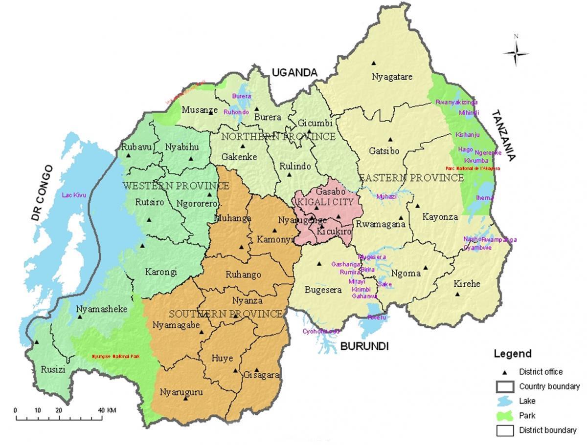 mapa de Ruanda com distritos e setores